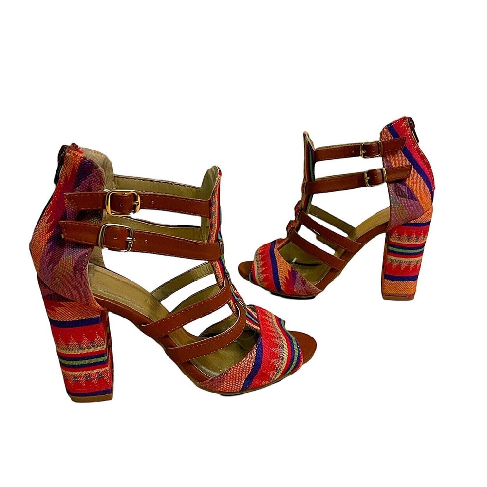 Etc! By Rue 21 Tribal Aztec Style Heels Straps Size 7/8 Multi Color